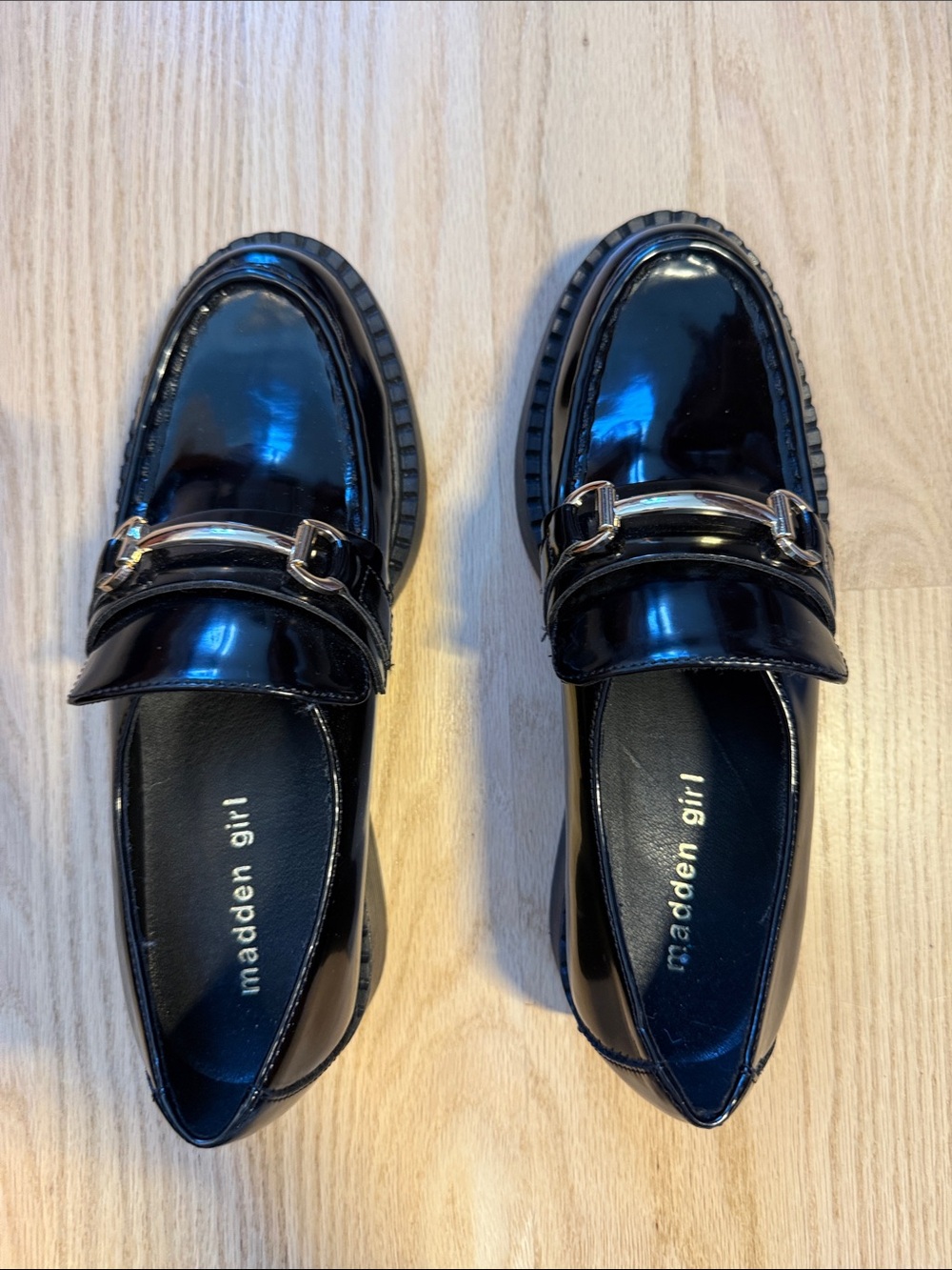 Madden Girl Kids Black Patent Loafers with Gold Buckle
